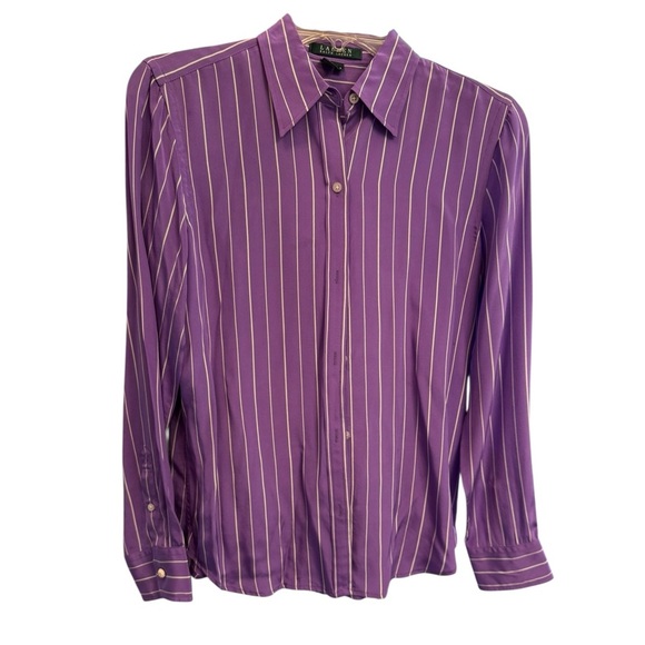 Lauren Ralph Lauren Women's Purple Striped Button-Down Silk Shirt - Picture 1 of 3